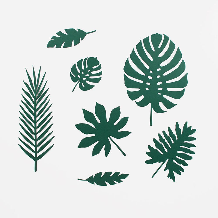 Feuilles en papier vert foncé prédécoupées pour décoration fete tropicale