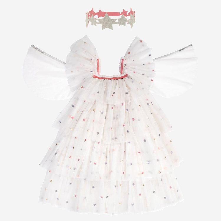 Déguisement fille Meri Meri : déguisement de fée composé d'une robe blanche en tulle à pois pailletés