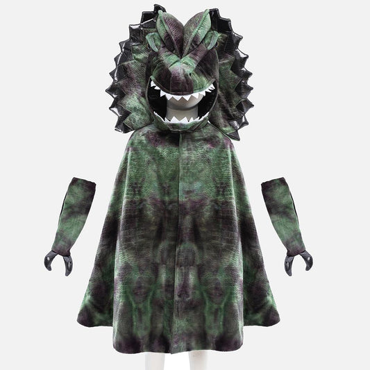 Déguisement dinosaure Dilophasaurus: cape avec tête et manches pour enfant