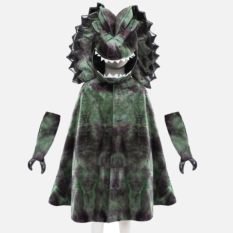 Déguisement dinosaure Dilophasaurus: cape avec tête et manches pour enfant