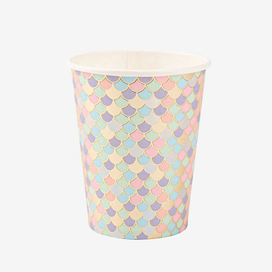 8 gobelets carton écailles de sirene iridescentes pour anniversaire