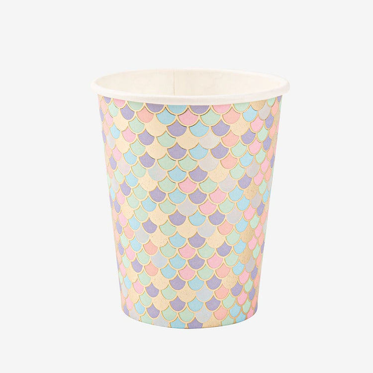 8 gobelets carton écailles de sirene iridescentes pour anniversaire