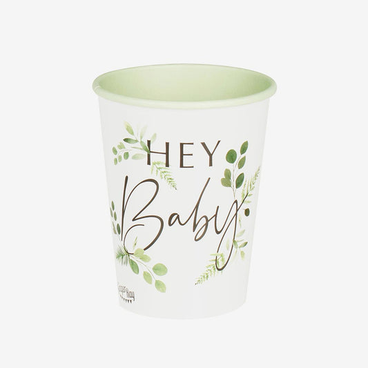 8 gobelets en carton hey baby blanc et vert feuilles pour baby shower