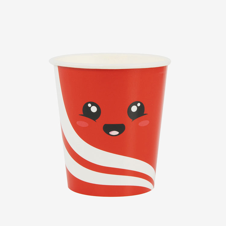 Gobelets junk food rouges au visage souriant pour un anniversaire kawaii