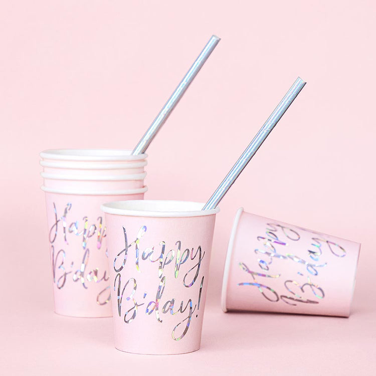 Gobelets happy birthday roses et iridescents pour deco anniversaire girly