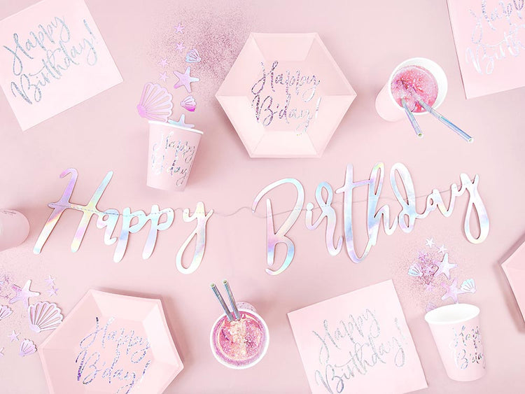 Deco anniversaire girly avec collection happy birthday rose iridescent