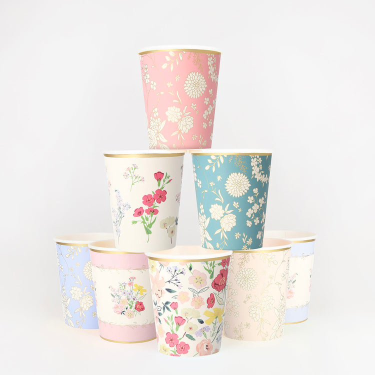 8 gobelets fleurs jardins anglais décoration anniversaire fête thème anglais
