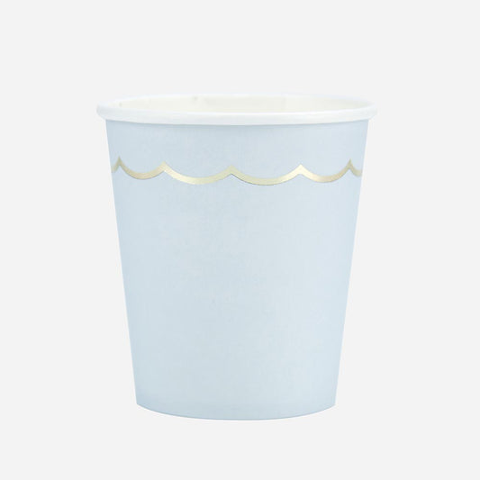 Gobelet bleu pastel et frise dorée pour deco baby shower garçon ou deco baptême garçon