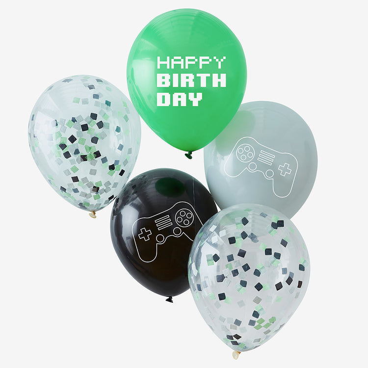 Anniversaire jeux vidéo : 5 ballons jeux vidéo vert, noir et transparent