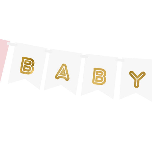 Détail guirlande baby shower rose et dorée : decoration gender reveal fille