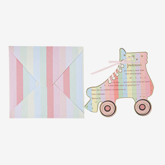 8 cartes d'invitation forme roller multicolore avec texte en français