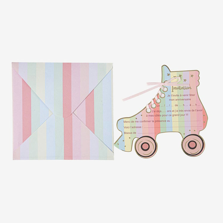 8 cartes d'invitation forme roller multicolore avec texte en français