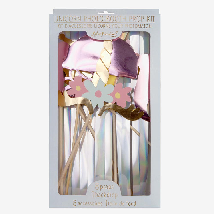Packaging du kit photobooth licorne pour anniversaire fille