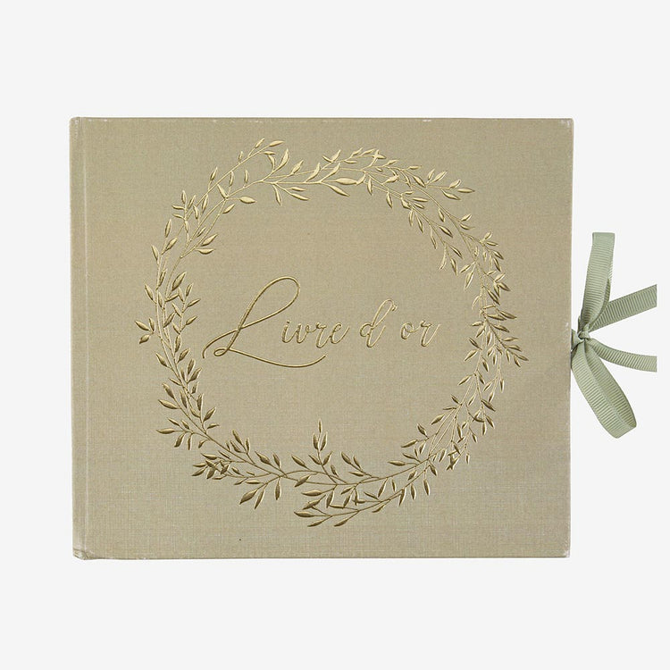 Déco de mariage botanique : livre d'or motif brindille sauge et doré
