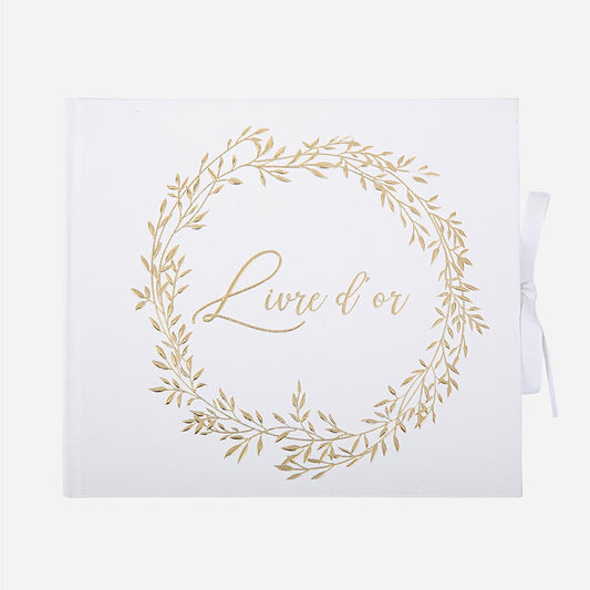 Déco de mariage : livre d'or mariage blanc et doré avec ruban blanc satiné