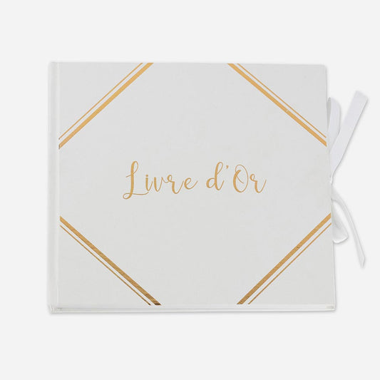Deco de mariage : livre d'or blanc avec dorures et ruban blanc satiné