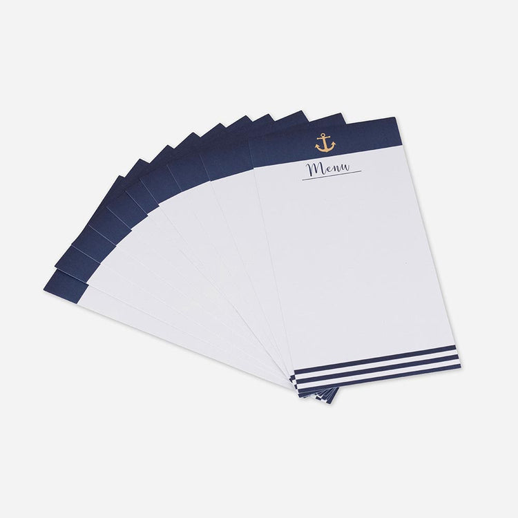 10 menus pour mariage marin blanc bleu marine avec ancre marine dorée