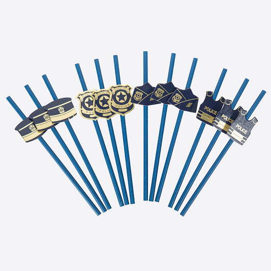 Pailles en papier avec badge de policier pour déco anniversaire police