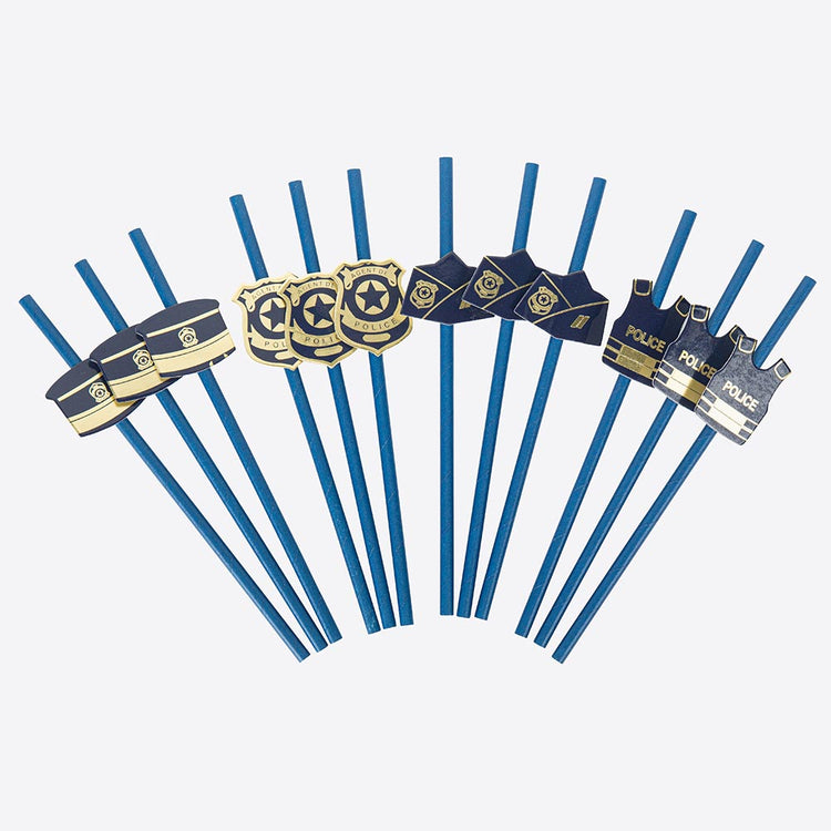 Pailles en papier avec badge de policier pour déco anniversaire police