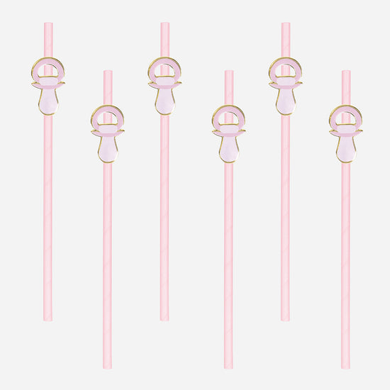 10 pailles tétine rose pour décorer une table de baby shower rose