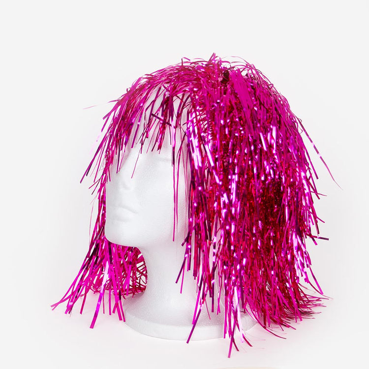 Perruque rose métallique : accessoire de déguisement soirée, evjf, nouvel an