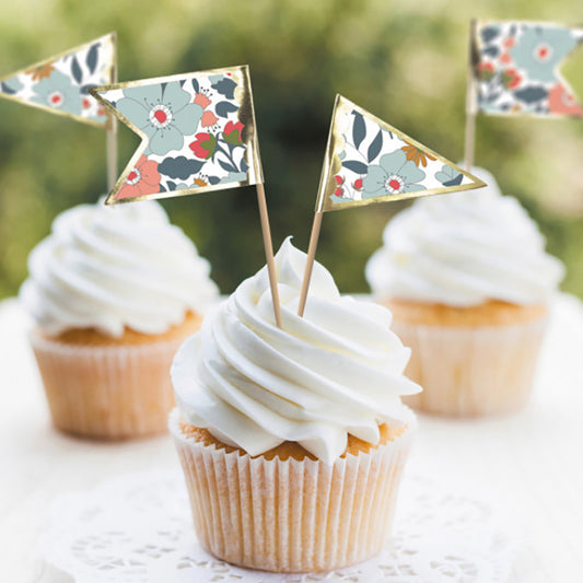 Décoration pour cupcakes : 10 pics à cocktail liberty avec liseré doré