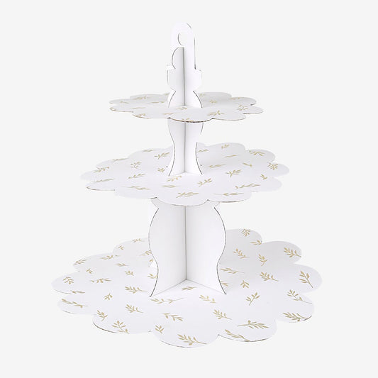 Accessoire decor gateau mariage : présentoir a gateaux blanc et doré