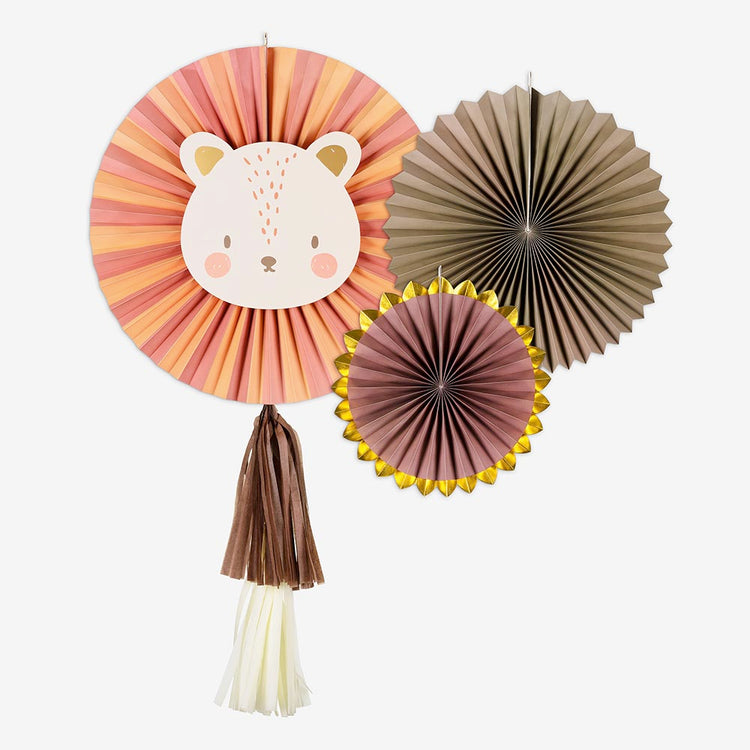 3 rosaces en papier lion pour décoration anniversaire thème safari