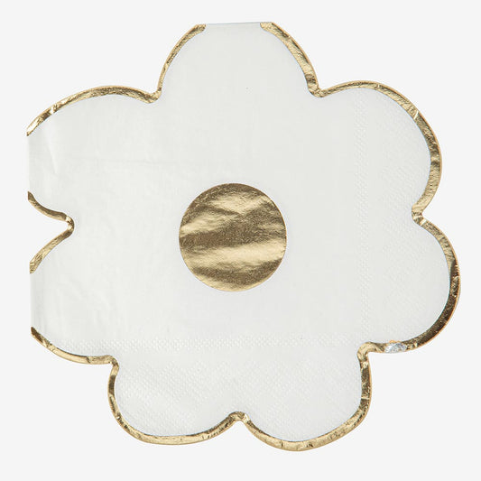 Deco de table mariage champetre : 16 serviettes marguerite blanc et or