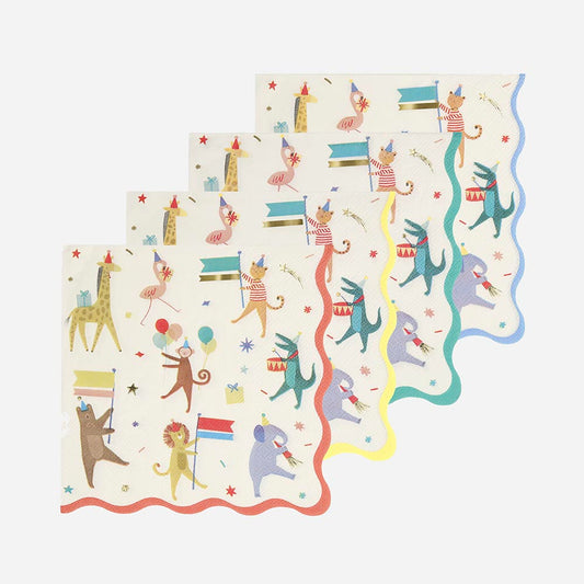 16 serviettes en papier parade des animaux pour deco anniversaire 1 an