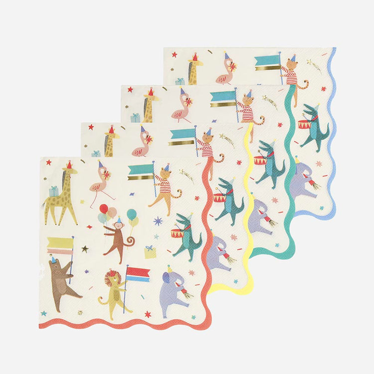 16 serviettes en papier parade des animaux pour deco anniversaire 1 an