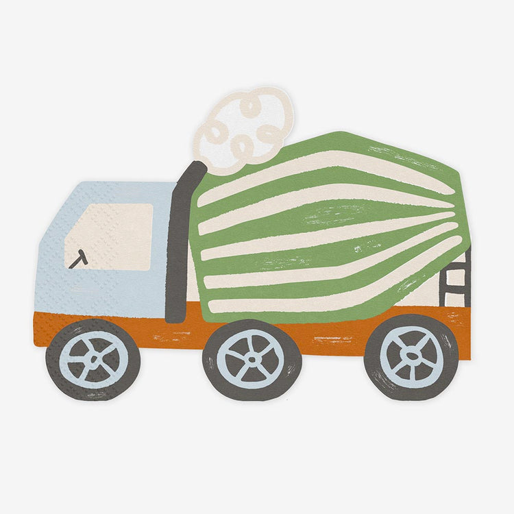 20 Serviettes papier forme camion toupie pour anniversaire chantier