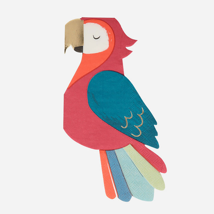 Déco anniversaire pirate : 16 serviettes perroquet colorées avec bec doré
