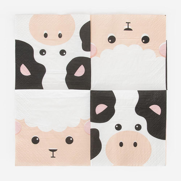 Anniversaire animaux de la ferme : serviettes en papier vache et mouton