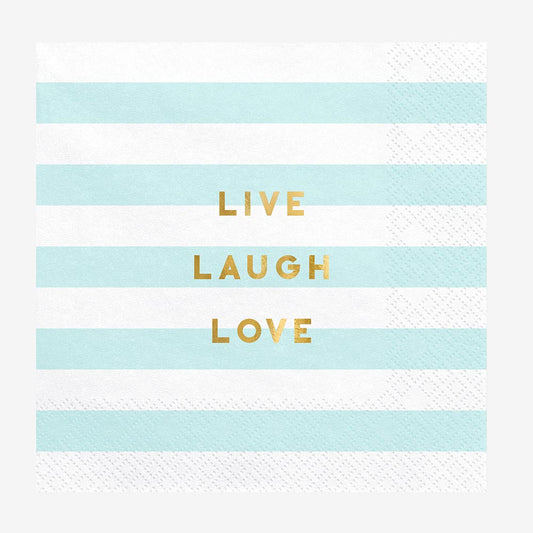 Serviettes rayures bleues à message live, love, laugh