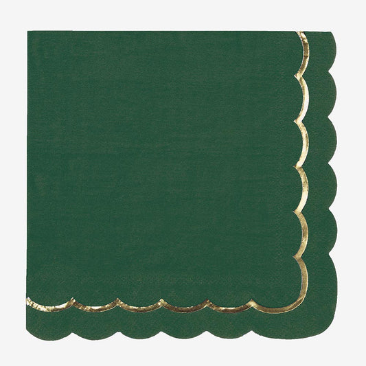 Serviette vert kaki et frise dorée pour deco anniversaire dinosaure, animaux des bois ou deco mariage folk