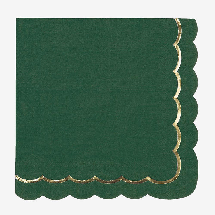 Serviette vert kaki et frise dorée pour deco anniversaire dinosaure, animaux des bois ou deco mariage folk