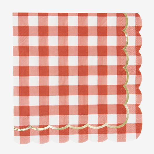 16 serviettes en papier festonnés vichy rouge pour fête d'anniversaire, pique-nique ou festival