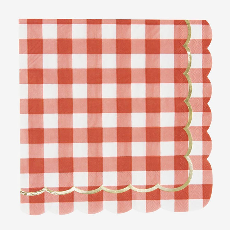 16 serviettes en papier festonnés vichy rouge pour fête d'anniversaire, pique-nique ou festival