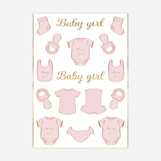 Déco baby shower fille : 30 stickers baby girl roses, body et tétine