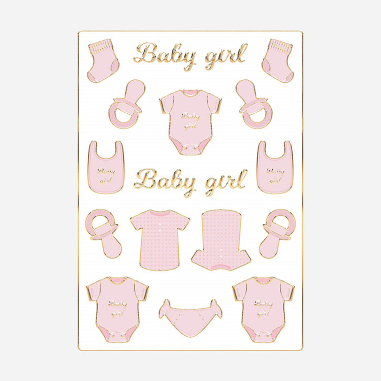 Déco baby shower fille : 30 stickers baby girl roses, body et tétine
