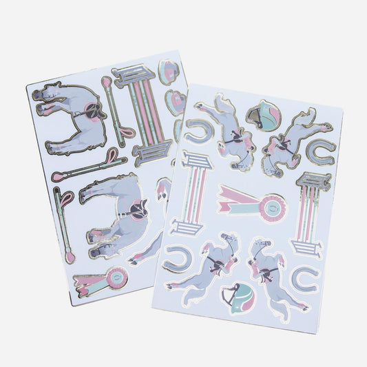 Pochette surprise invitation fille : stickers équitation rose et bleu pastel