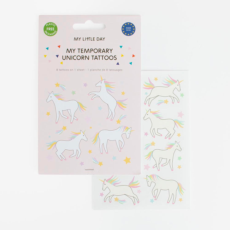 1 planche de 8 tatouages licorne galactique à glisser dans une pinata