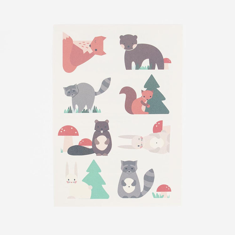 Cadeau pochette surprise anniversaire : planche tatouages animaux de la forêt