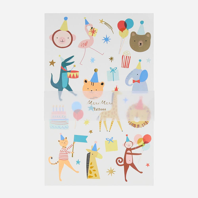 Tatouages éphémères parade des animaux Meri Meri pour cadeau invité