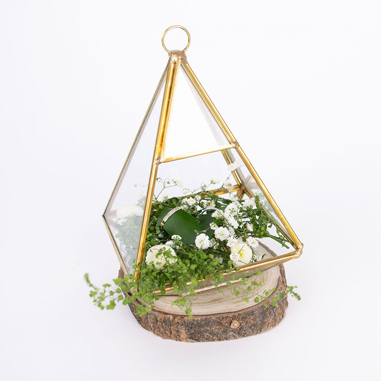 Idée porte alliance mariage botanique : terrarium végétal sur rondin de bois