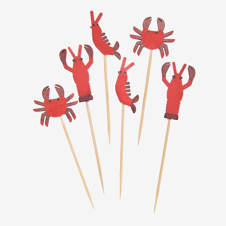 Pics en bois crustacés rouges pour deco table de fête bord de mer