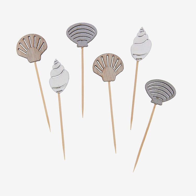 Pics cocktails en bois coquillages pour deco table mariage bord de mer