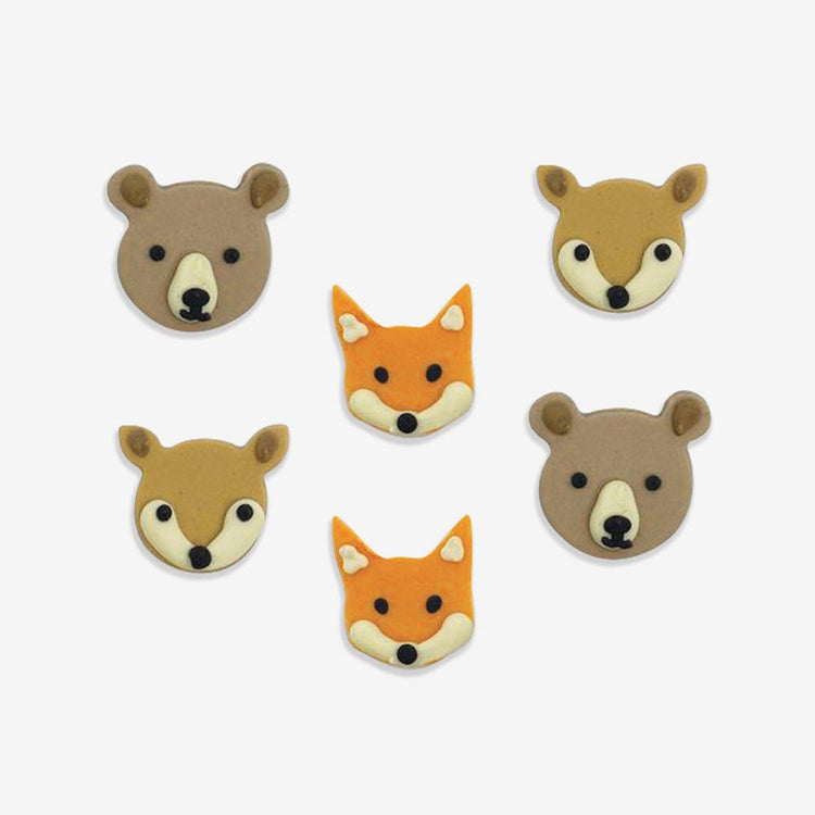 Anniversaire animaux foret : toppers en sucre renard, biche et ours deco gateau anniversaire