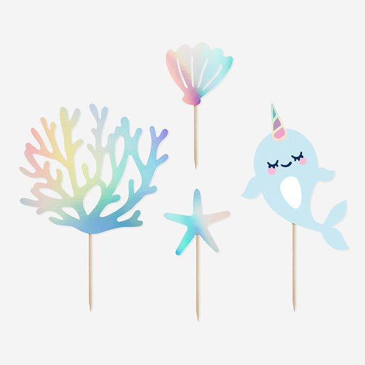 4 toppers de gâteaux iridescents pour un anniversaire de sirène.